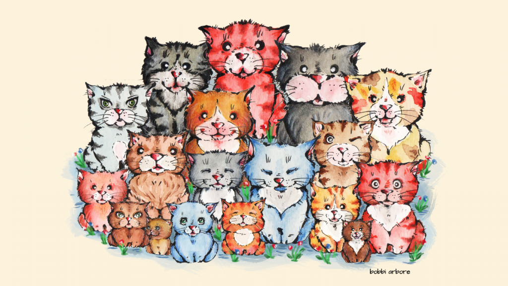 an illustration with a group of smiling cats - cat Cottage Design - Illustrations and Gifts for Cat Lovers